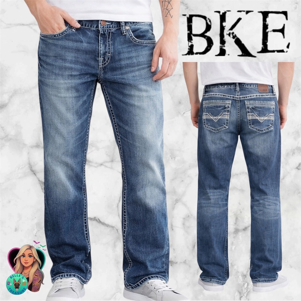 BKE Derek Bootcut Jeans Mens 36R Medium Wash Thick Stitch Denim Blue‎
